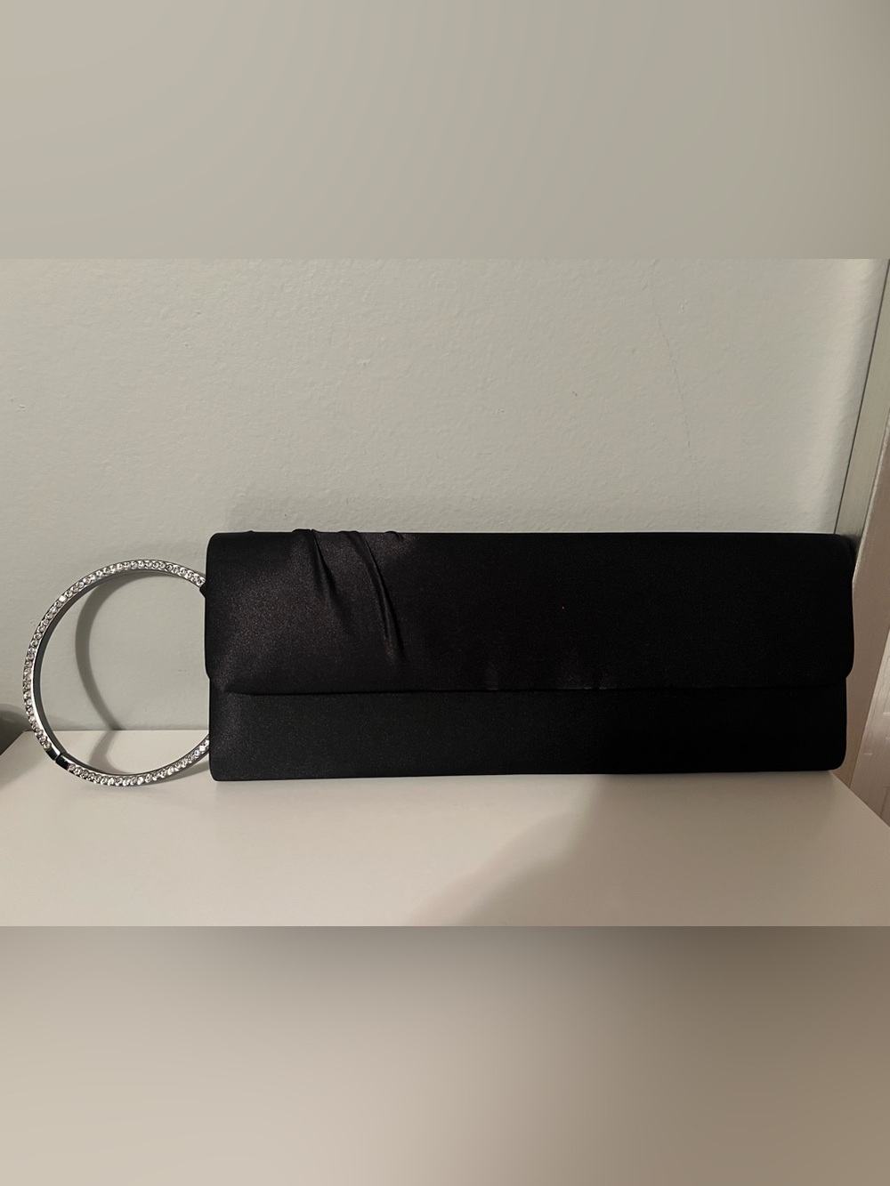 Aldo Black Satin Clutch with Crystal-Embellished Handle
